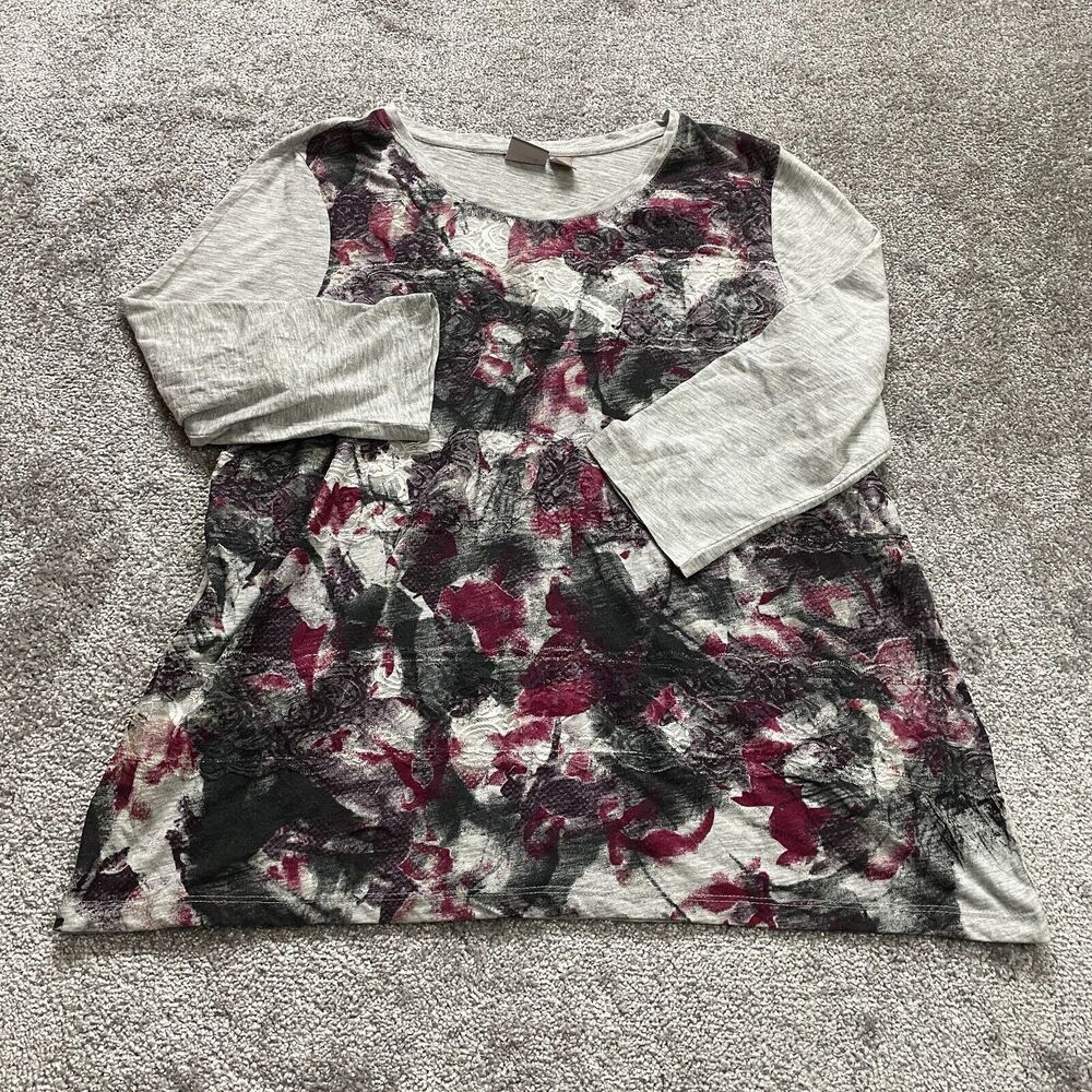 Chico's Blouse Shirt Womens Chico 3 US Size XL 16 Gray Red Floral Lace Ladies